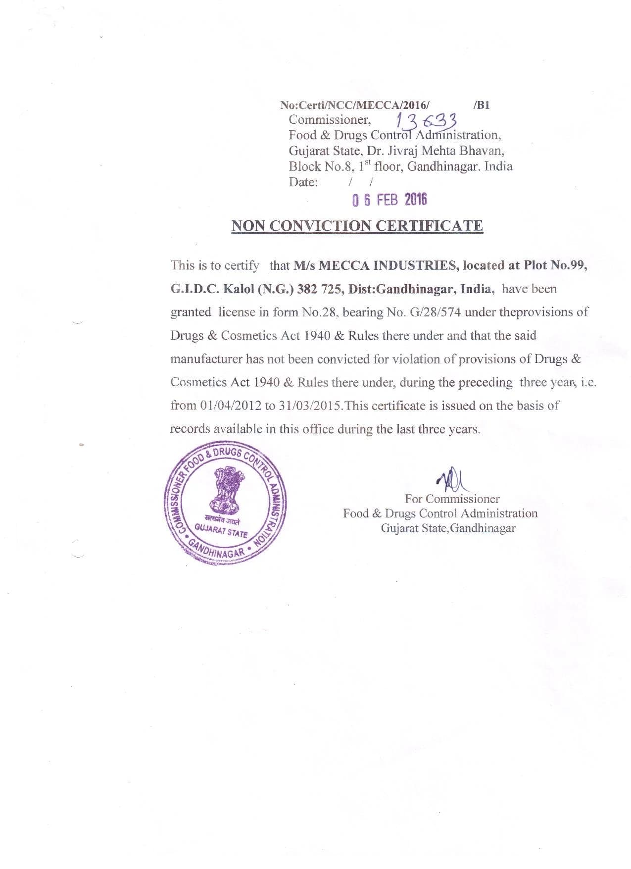 Non-Conviction & Good Standing Certificate certificate