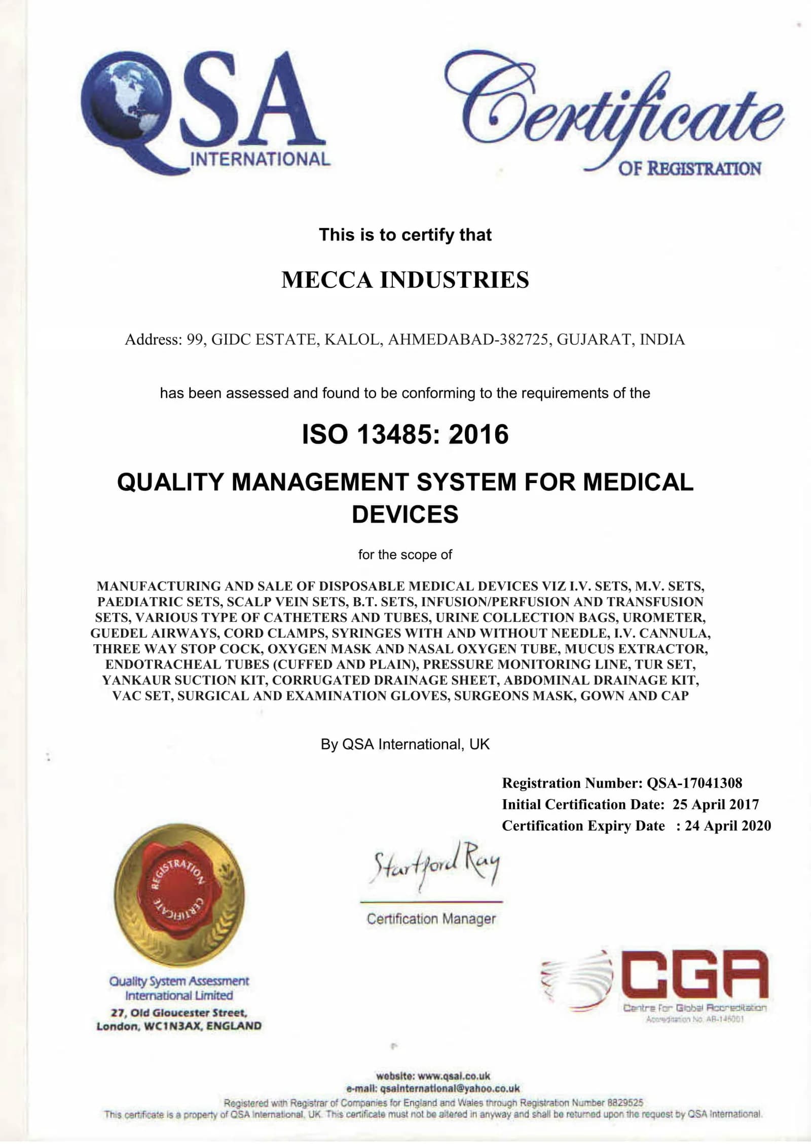 Medical Devices Quality Management System certificate