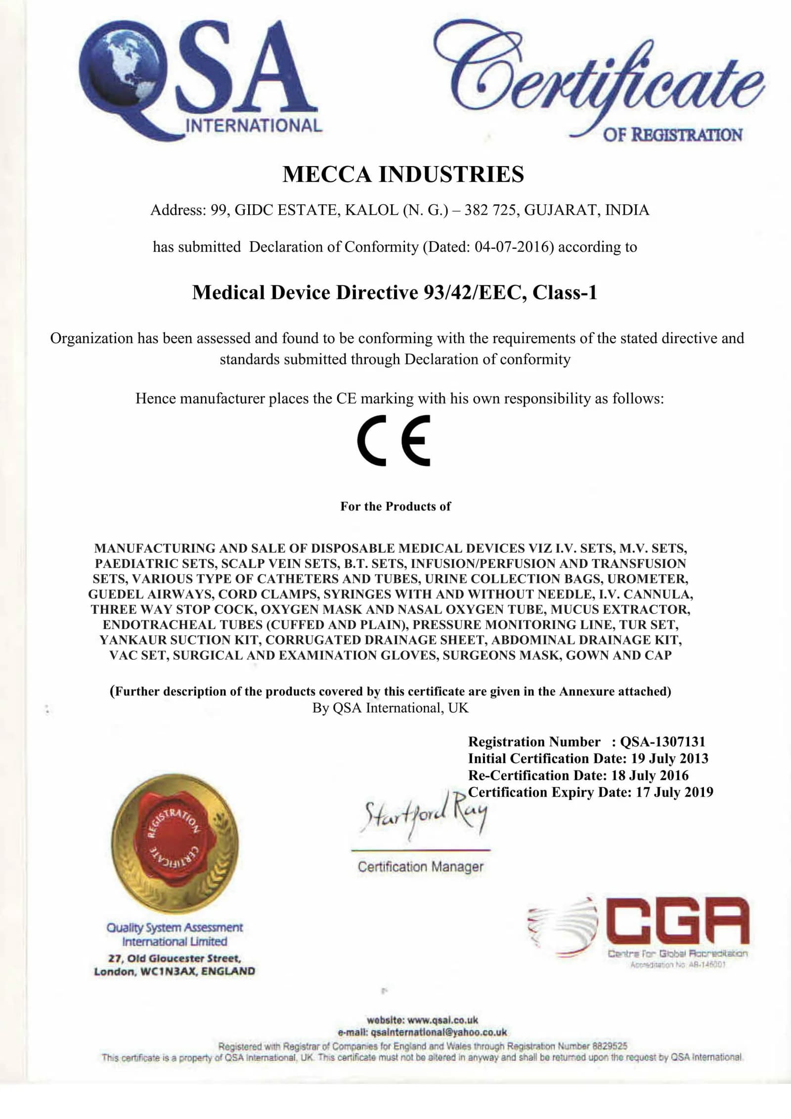European Conformity Certification certificate