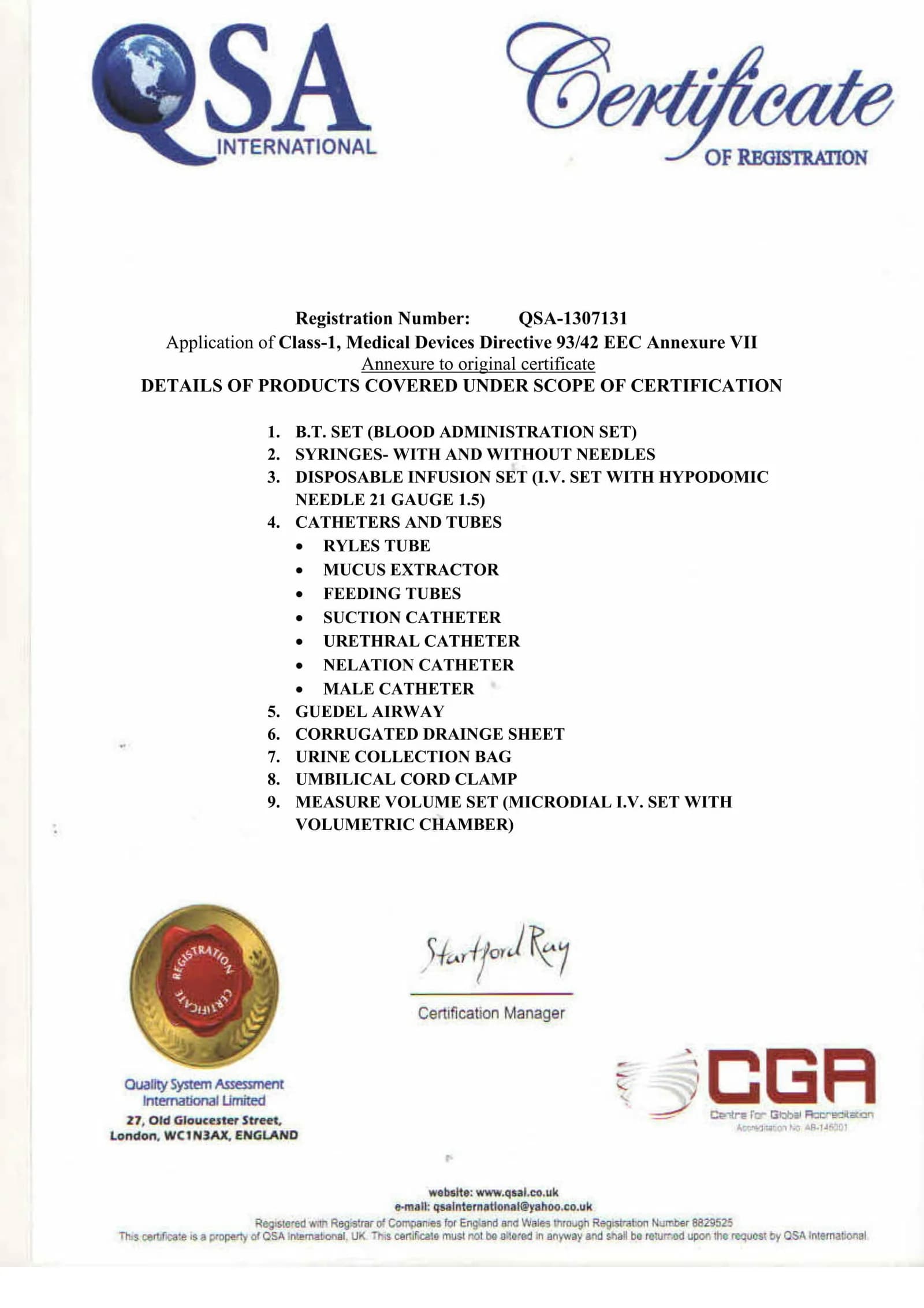CE Certified Product Scope Schedule certificate